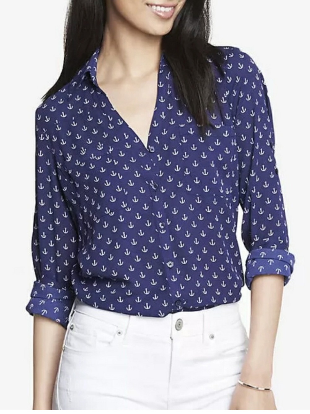 *Express Navy Portifino Anchor Pattern Nautical XS Button Up Blouse #IR